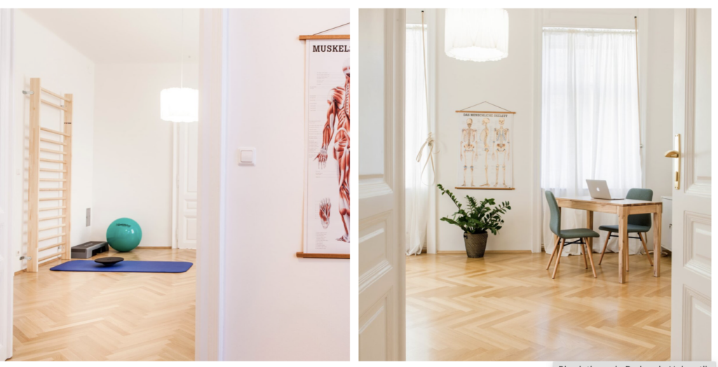 Zeigt die Physiotherapeutischen Praxisräume. Sieht hell und freundlich aus